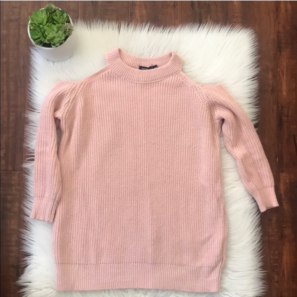 Boohoo pink knitted sweater with open shoulders